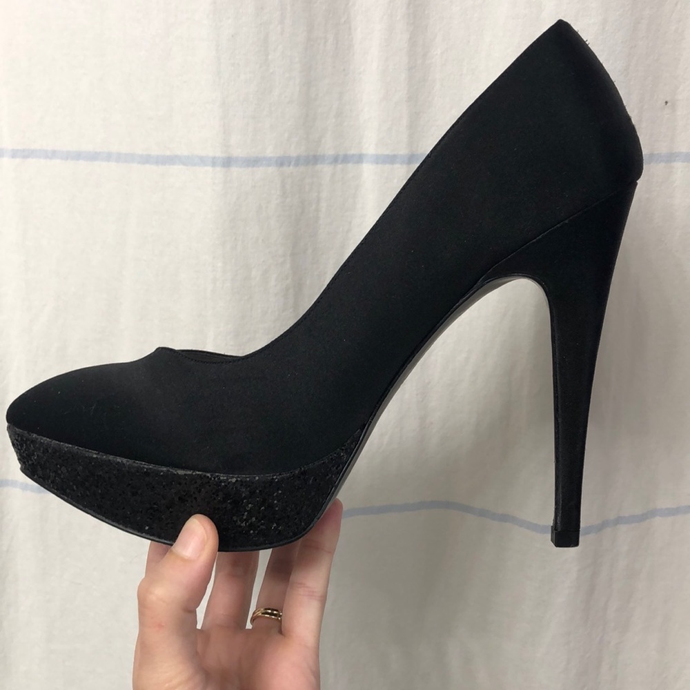 Nina Black Satin Glitter Platform Heels